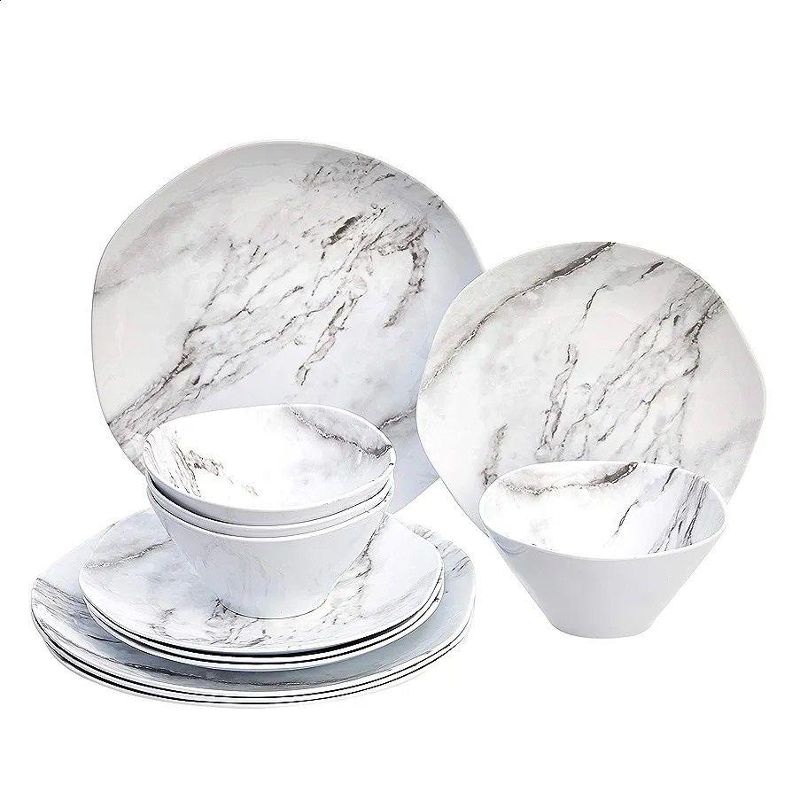 Basics White/Marble Melamine Plates 12-piece Dinnerware Set