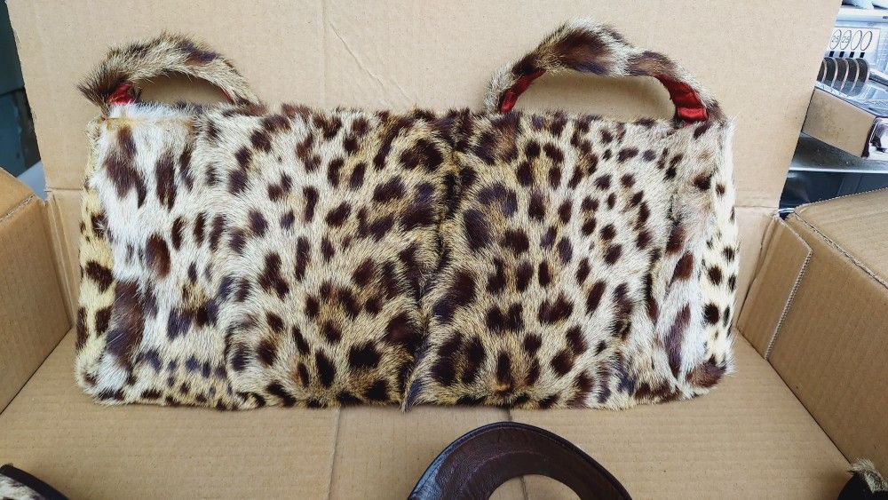 Vintage 1950s Leopard Purse Handbag Clutch and Matching Belt