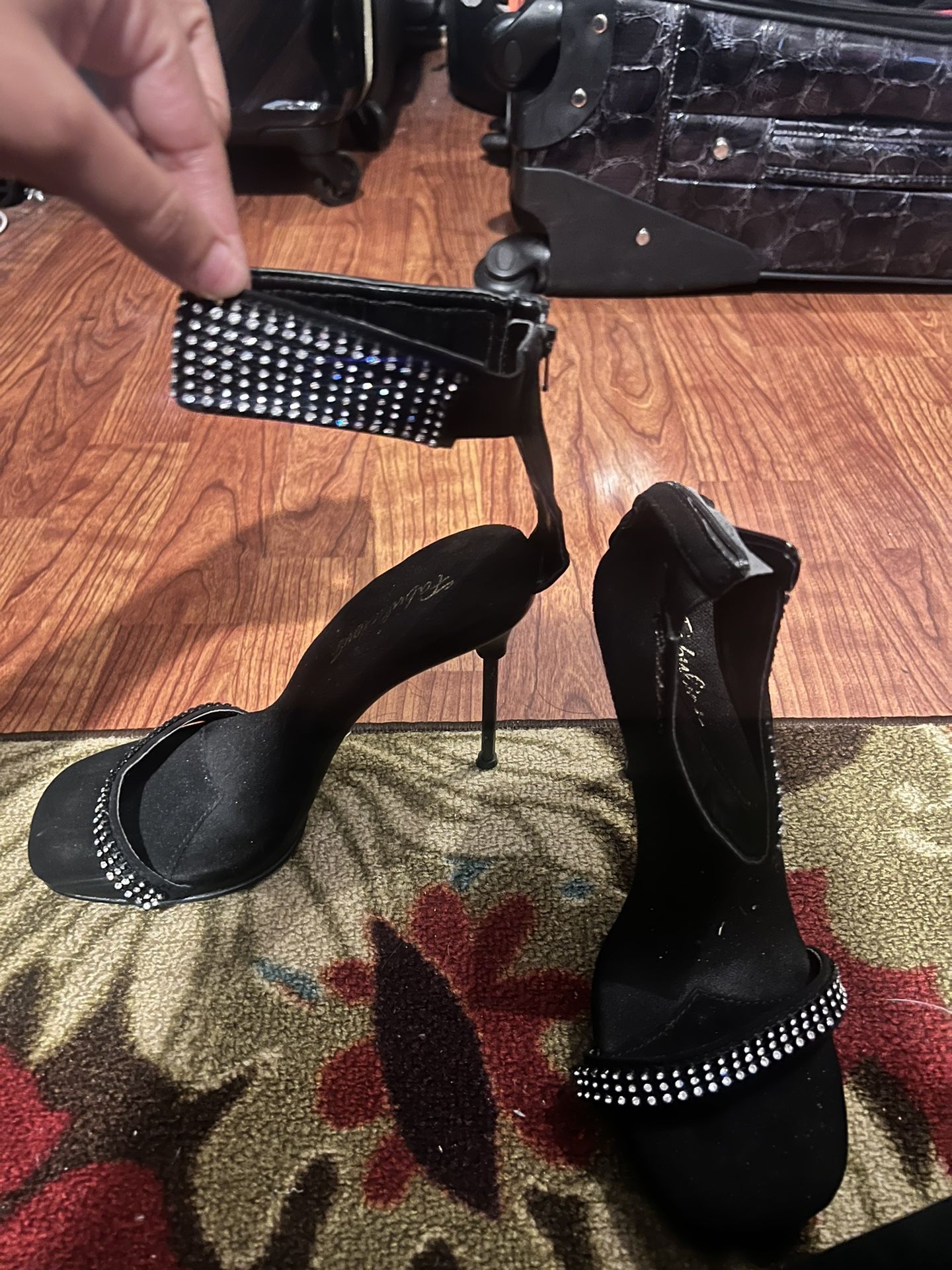 black heels with bedazzled strap
