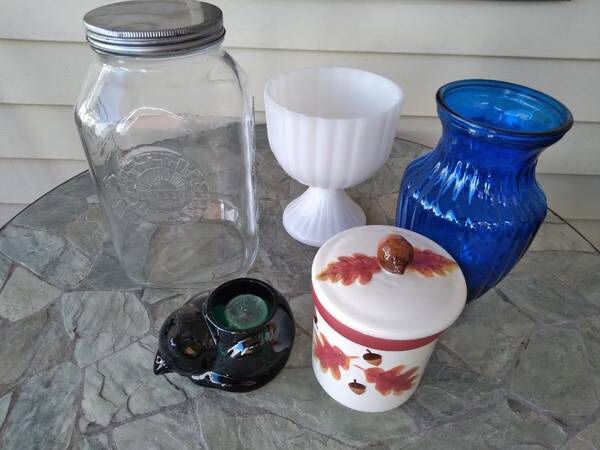 Asst Vase Candle Holder $5 each Bed Bath and Beyond jar 10" blue swirl 8" Milk Glass pedestal 6 1/2" Oak candle w/lid 6" Green cat 5" wide Bristol