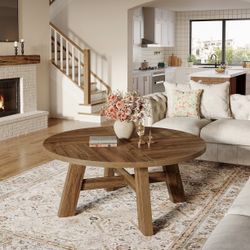 New assembled Round Coffee Table, 39" Circle Center Table with Reinforced Cross Brace