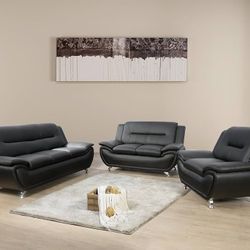 New Black Leather 3pcs Sofa Set 