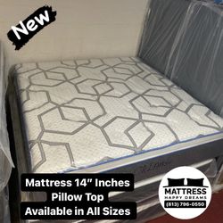 King Size Mattress 14” Inches Thick Pillow Top. Quality and Comfort,  Available All Sizes. New From Factory. Same Day Delivery