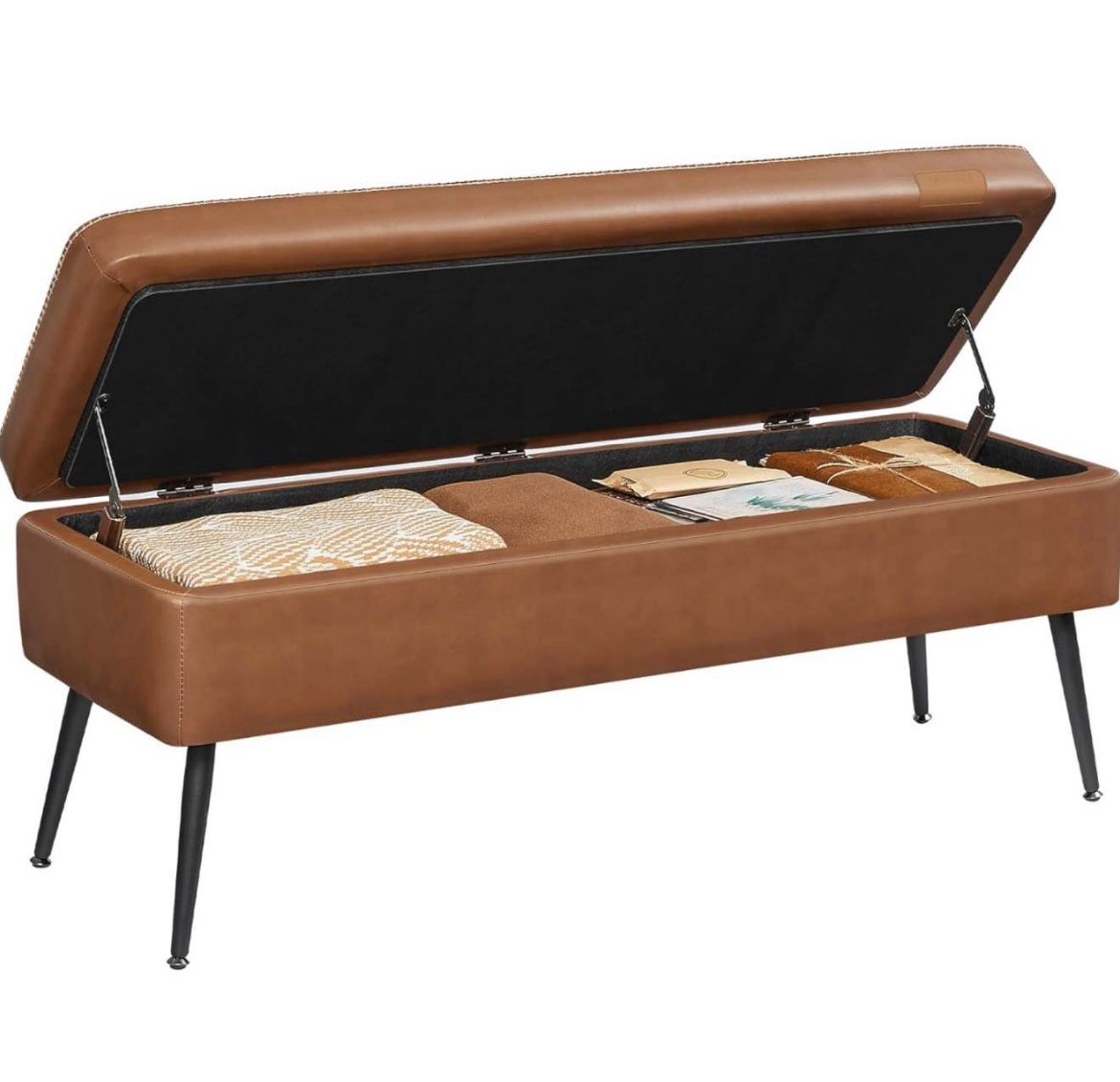 Storage Ottoman Bench, Entryway Bedroom Bench, 15 Gallons, Synthetic Leather with Stitching, Mid-Century Modern, Safety Hinges, Loads 660