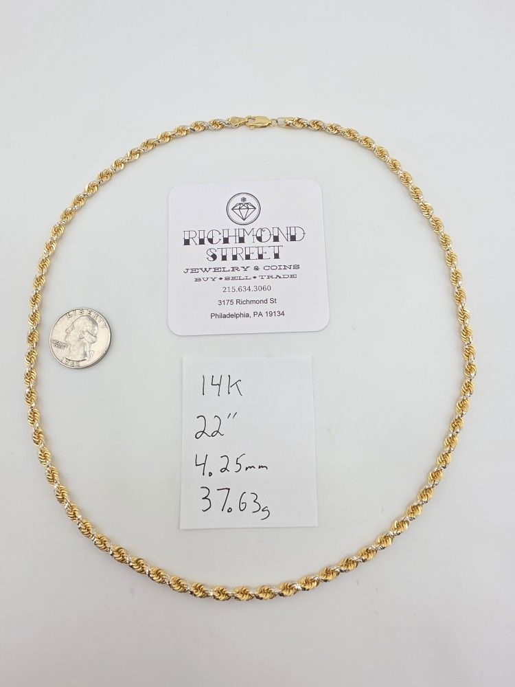 14k gold 22" prism cut 2 tone rope chain