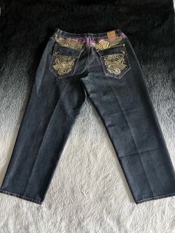Vintage Y2K SitH Denim Jeans Embroidered Wings w/ Purple Plaid Accents, Size 40