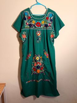 Green Mexican Embroidered Floral Dress