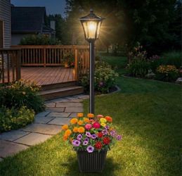 64 Inch Solar Lamp Post Light with Planter, 60 High Lumen Street Light, Solar Post Lights Waterproof for Pathway, Garden, Driveway, Lawn, Front Back D