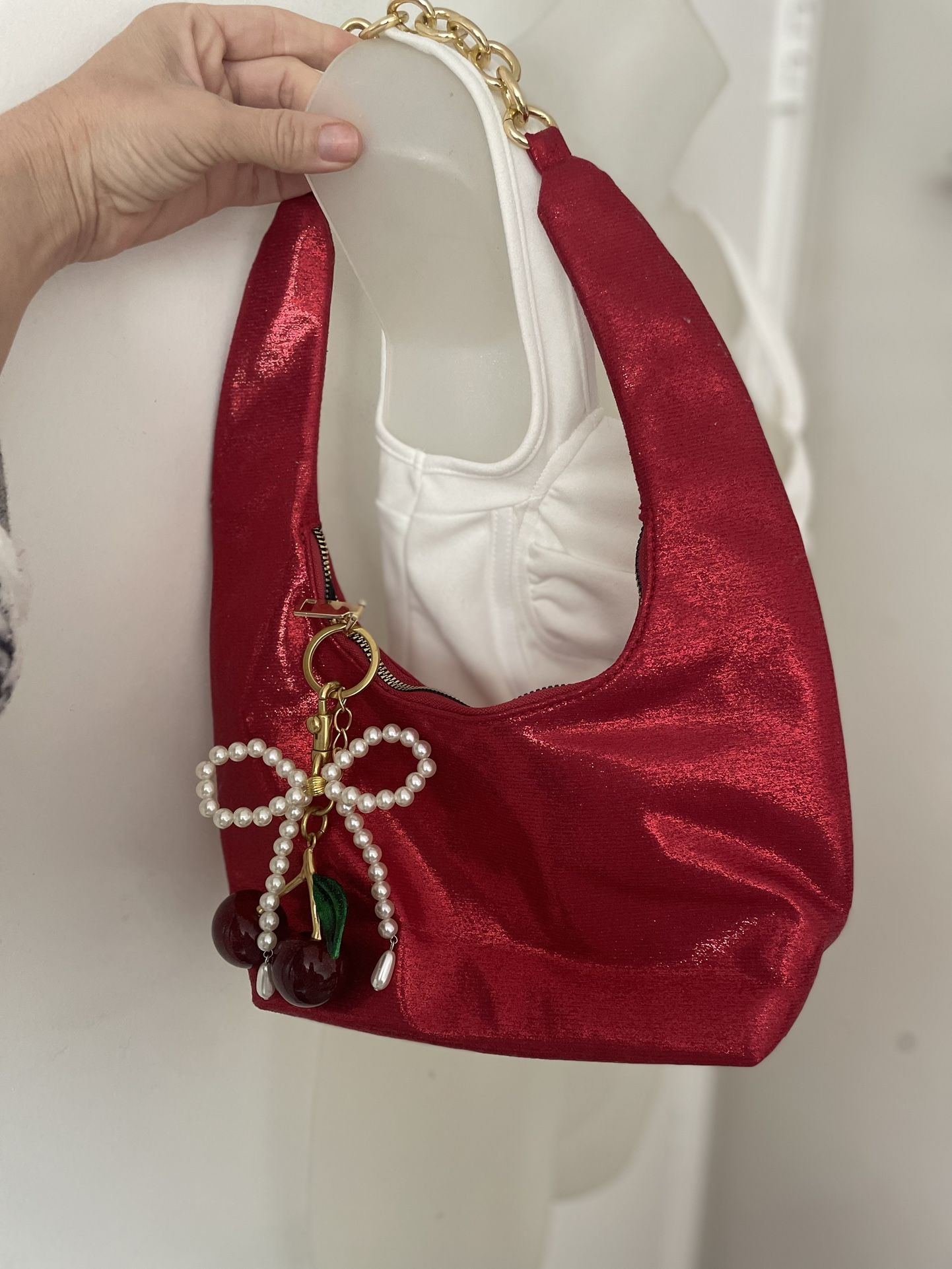 Red Shoulder Bag With Bow & Cherries Charms 