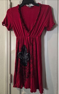 JODY red Y2K-style mini dress features a black baroque design and a rhinestone fleur-de-lis graphic