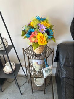 Side table, storage shelf, lamp with shelves sofa and footstool
