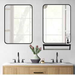 Bathroom Vanity Mirror 16'' x 24'' Wall Decorative with Shelf Rack Metal Frame Made Hanging Home Basics Rectangular Style for House Shower Mirror Rust