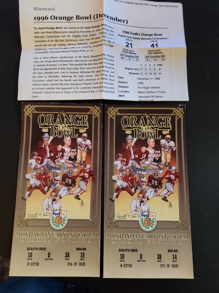 Fed Ex Orange Bowl Full Tix Played 1996 (@JRS)