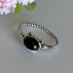 Black Agate Cat and Fish 💍  925 Sterling Silver Ring  Size 6 