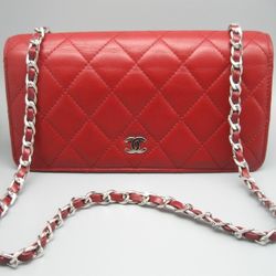 Authentic Chanel Red Lambskin Leather Long Full Flap Bag Wallet