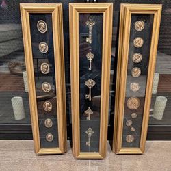 ✨ Vintage Set of 3 Framed Greek-Inspired Medallion & Key Wall Art – 1970s Gold Frames
