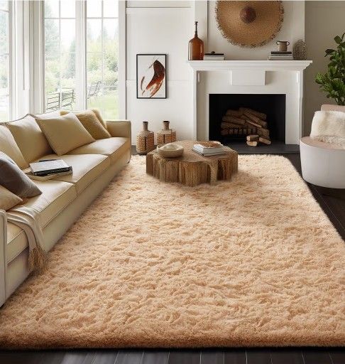 Ophanie 8x10 Beige Area Rugs for Living Room, Large Shag Bedroom Carpet, Big Indoor Thick Soft Shaggy Nursery Rug, Fluffy Carpets for Boy and Girls Ro