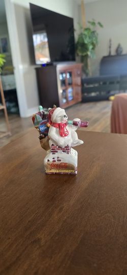 Four Coca Cola Pearlescent Porcelain Christmas Ornaments Santa Polar Bear Chimney 2003