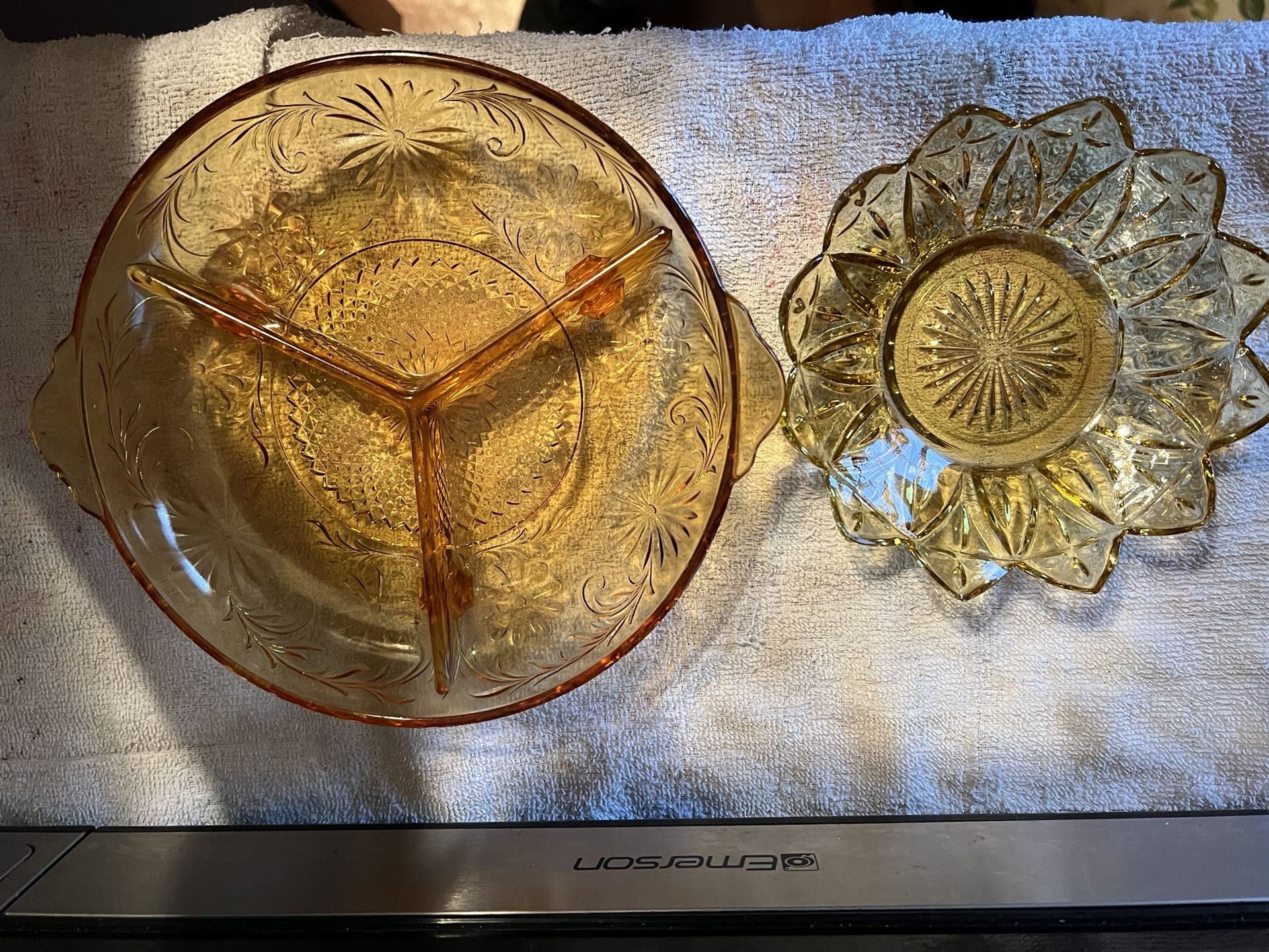 Yellow Depression Vintage Divided Dish And Flat Dish