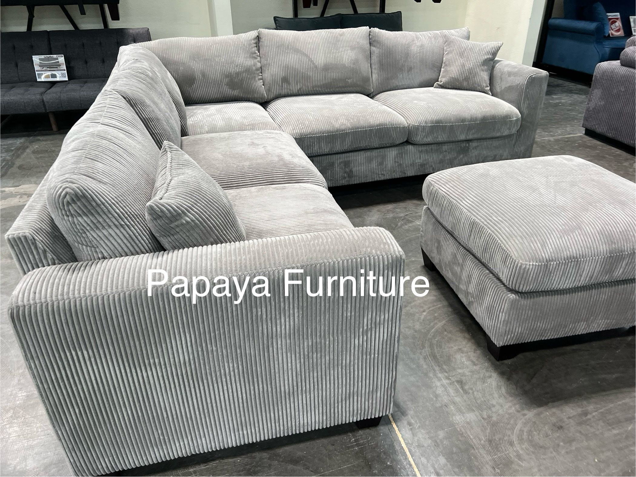 New! Plush Sectional Sofa And Ottoman, Corduroy Sectional, Sofa, Couch, Grey Sectional, Gray Sofa, Grey Couch, Soft Plush Sectional, L-Shaped Couch D