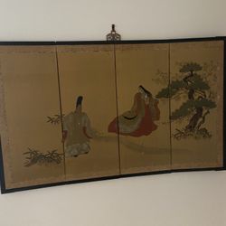 4 panel vintage Asian wall art brown painting display piece 