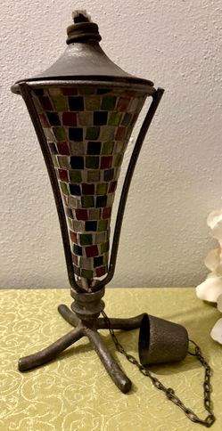 Vintage Mosaic Glass Metal Torch Oil Lamp
