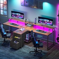 94" Computer Desk with Fabric Drawer & File Cabinet- 2 Person Home Office Desk with Power Outlet & LED Light, Long Writing Desk with Monitor Stand, St