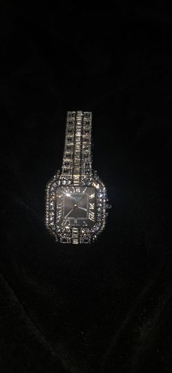 Fully Iced Out Santos De Cartier Style Watch - Moissanite / Black Dial