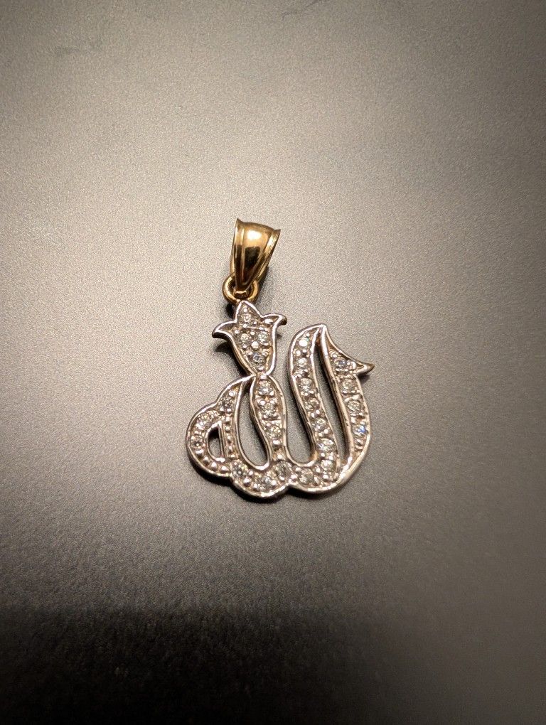 10k Gold Allah Pendant w Diamonds, two-toned white and yellow gold