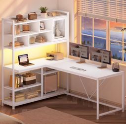 L shaped Computer desk with hutch White