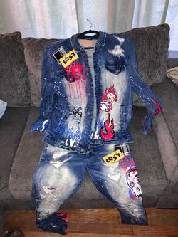 Rockstar Custom Painted Distressed Denim Jacket and Jeans Set