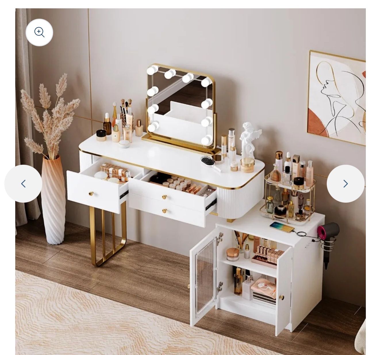 Vanity Table, Retractable Makeup, With LDE Mirror And 2 Spacious Drawers, Vanity Desk With Cabinet, Dressing Table With Shelf, With 3-Section