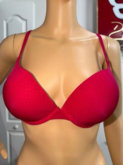 Flirtitude 36C Padded Push-up Bra Red with Gold Dots, has a hook that converts straps Note: it’s a shade of red there are multiple shades of red and
