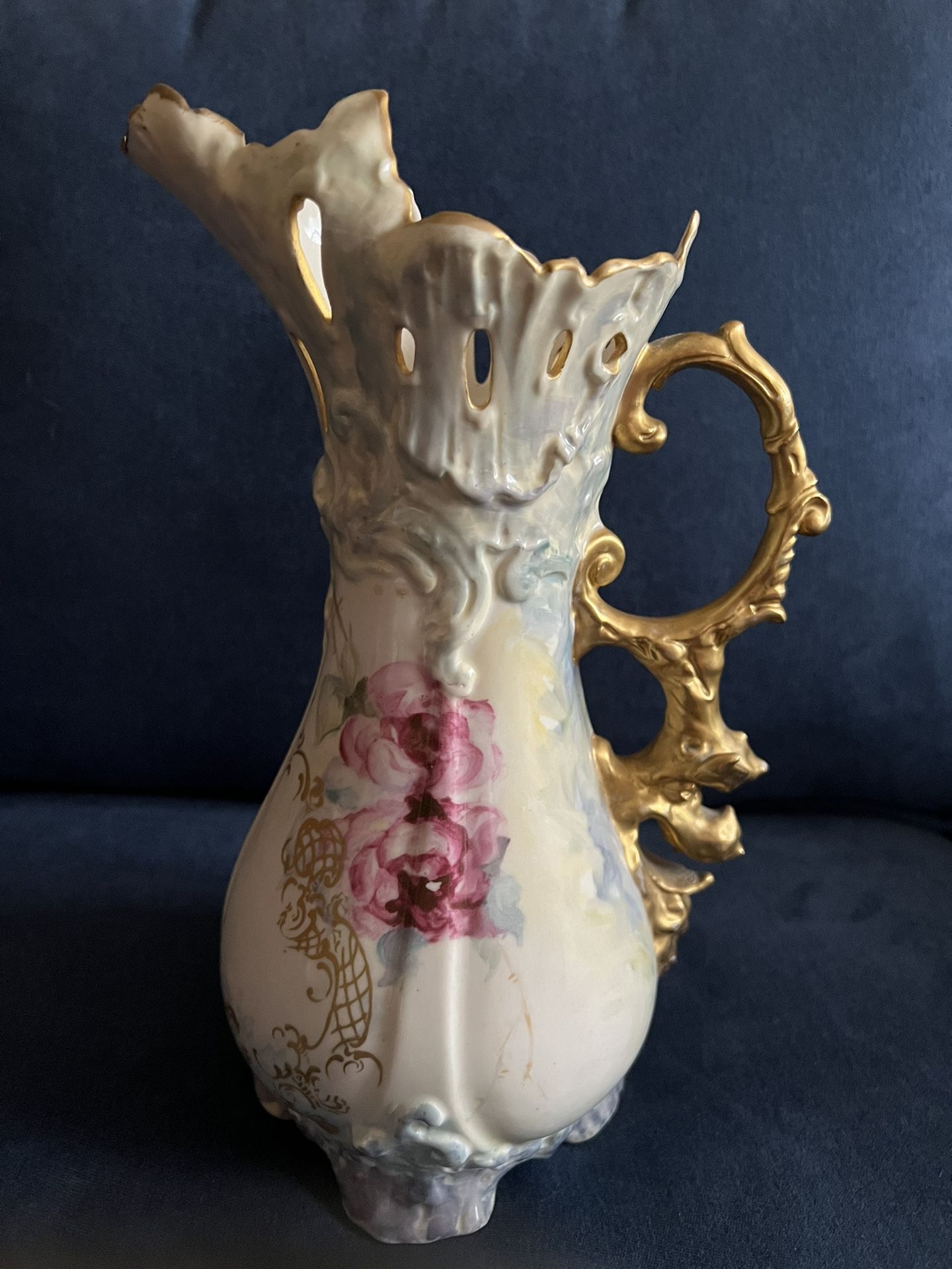 Blue & White Gold Trim Floral Vase Pitcher Home Decor