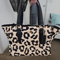 Authentic Coach Black and Tan Leopard Animal Print Mini Tote Handbag with Charm