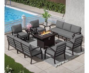 Patio Furniture Set 10 Seats Aluminum Armrest Sofa, Modern Outdoor Living Room Set with 55000 BTU Propane Aluminum Fireplace, Outdoor Rotary Joystick