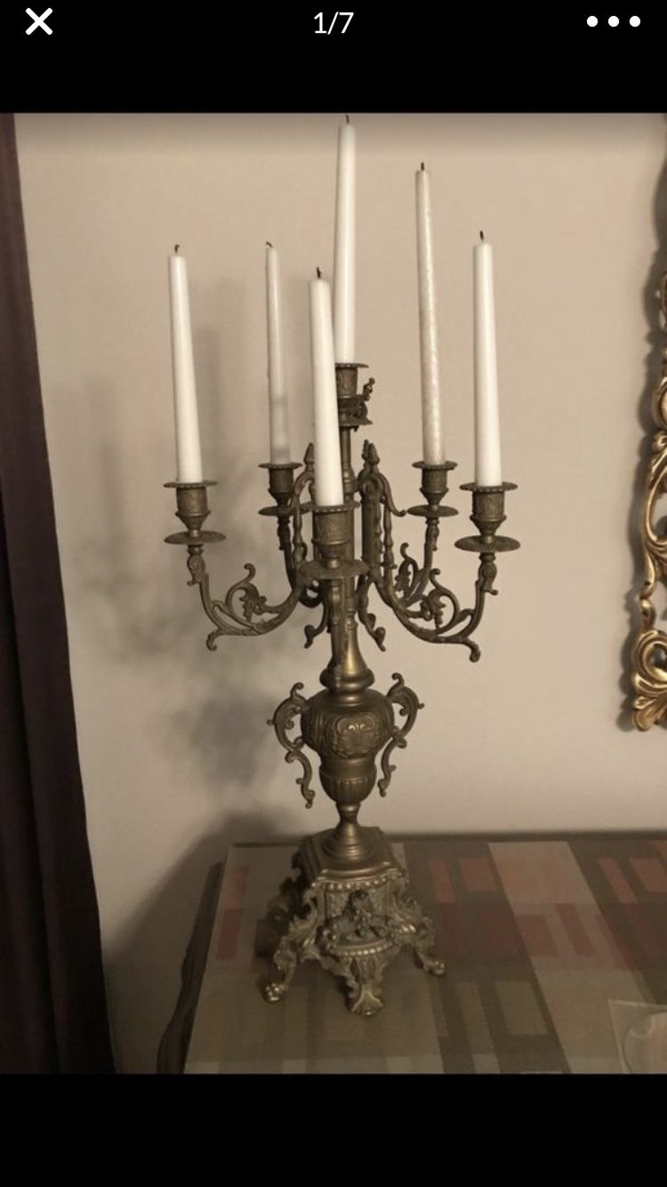 Antique pair of brass candelabras