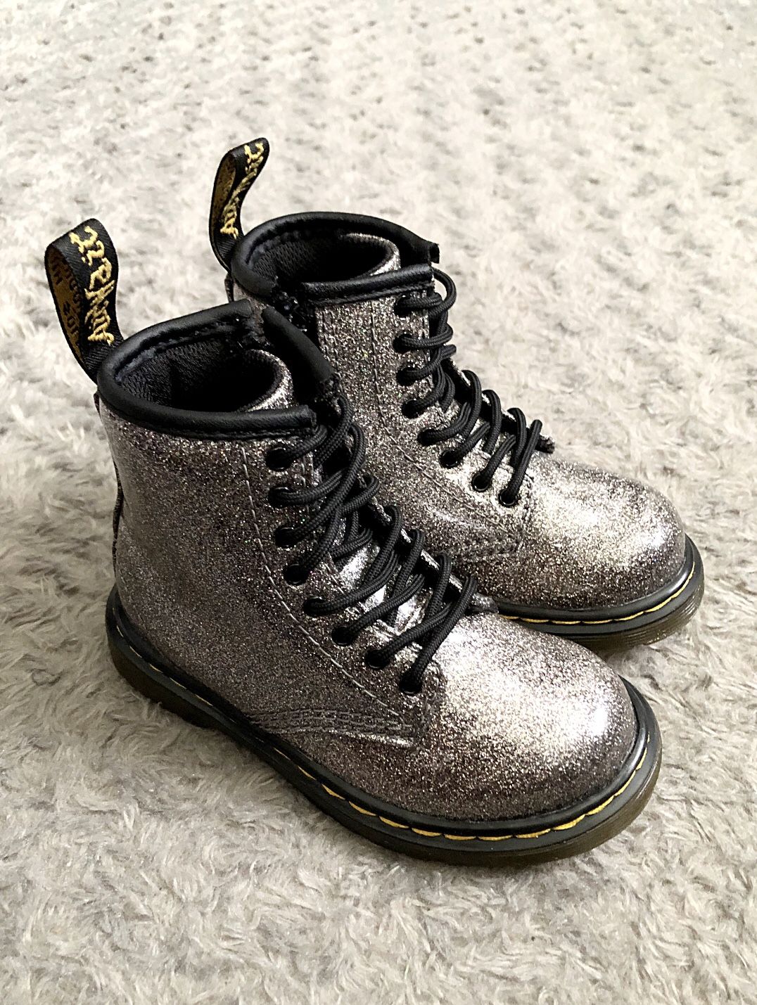 Toddler girl Dr. Martens 1460 Delaney Coated Glitter boots retail $65 size 8 Excellent condition! Lace-Up Boots. Sliver glitter super cute! The Delan