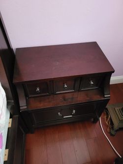 Wood Queen Bed Frame (w/ Headboard & Mattress) and Nightstand