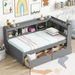 Twin Size L-shaped Bookcase Bed, Multifunctional Sofa Bed with 2 Drawers, Power Outlet and USB Charging Port, Modern Minimalist Wooden Bed Frame, No B