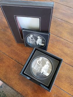 HUDSON HILL Set of 4 Coasters Black Leather with Holder Picture Frame.