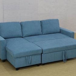 Blue chenille sectional sleeper sofa couch pull out bed