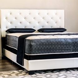 White Full Size Diamond Tuffed Leather Bed Frame With Mattress/Fast Delivery