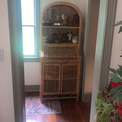Vintage Wicker Arched Peacock Shelf Cabinet Display Flip Top Two Cabinets 5 Shelves Total Great Condition!!