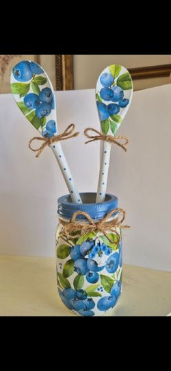 Blueberry hand painted and decoupaged jar and spoon set