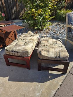 Qty 2 Wooden Futon Ottomans with Mattess Pillows, covered in a Freelance Harvest pattern tapestry fabric