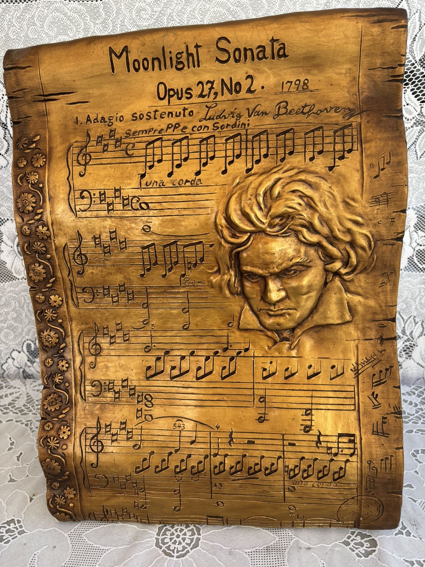 Vintage Mid Century Hanging Wall Plaque Featuring Beethoven Moonlight Sonata