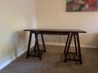 Dark Wood Trestle Desk with Keyboard Tray