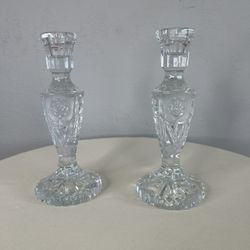 Vintage Leonard Silver Manufacturing Co. Frosted Crystal Cut Roses & Leaves Candlesticks