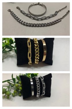 Punk Style 3pcs/Set Curb Cuban Chain bracelet, Gold and Silver Color (2 Sets)